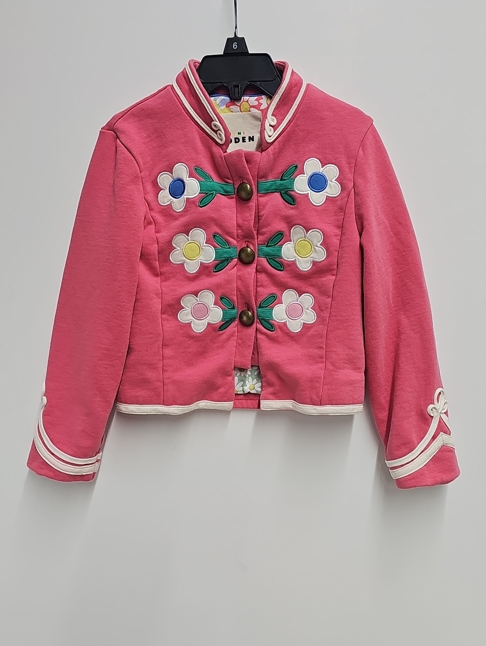 Mini Boden Pink Floral Appliqué Jacket with Contrast Trim Size 5-6Y